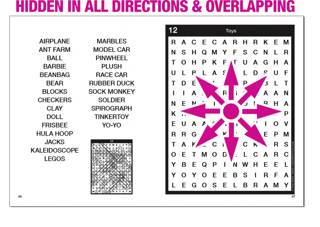 Screenshot of one of the spreadsheets of one of the books with an exemplary list of words, the corresponding puzzle, and the solution of the puzzle on the previous page spread. There is a set of arrows pointing in all directions where the solutions can be found—with the comment "Hidden in all directions & overlapping."