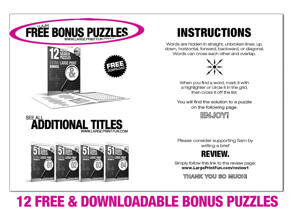 Screenshot of a page spread offering free test puzzles for download. Marked here is the headline "Free Bonus Puzzles" with the comment: "12 free & downloadable bonus puzzles."