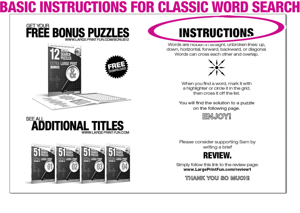 Screenshot of one of the spreadsheets of one of the books. Marked here is the headline "Instructions" with the comment "Basic instructions for classic word search."