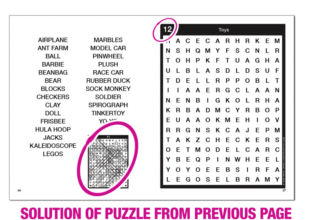 Screenshot of one of the spreadsheets of one of the books with an exemplary list of words, the corresponding puzzle, and the solution of the puzzle on the previous page spread. Marked here is the solution of the puzzle of the previous page spread. with the comment: Solution of puzzle from previous page.