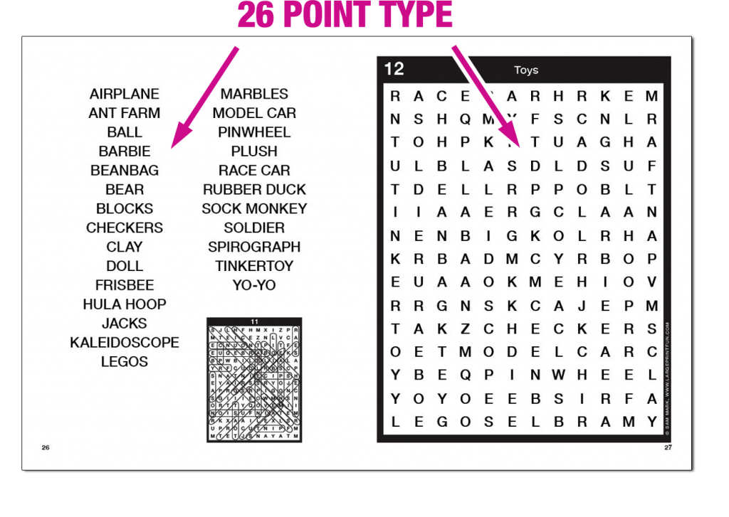 Screenshot of one of the spreadsheets of one of the books with an exemplary list of words, the corresponding puzzle, and the solution of the puzzle on the previous page spread. Marked here are the large-print words in the list as well as the letters in the puzzle, which are of the same size. The headline reads: 26 point type.