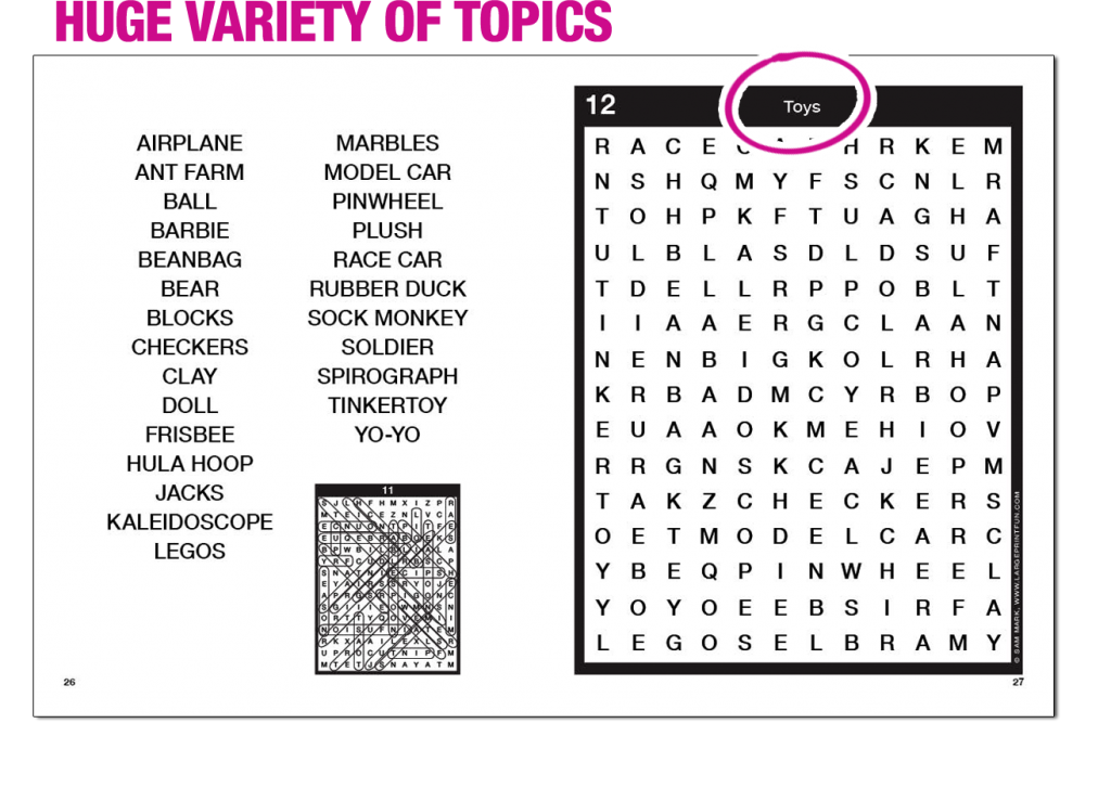 Screenshot of one of the spreadsheets of one of the books with an exemplary list of words, the corresponding puzzle, and the solution of the puzzle on the previous page spread. Marked here is the topical headline with the comment: Huge variety of topics