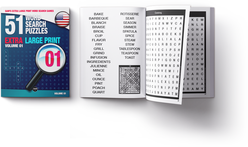 Sam's Extra Large Print Word Search Books, Volume 1, front cover and look-inside.