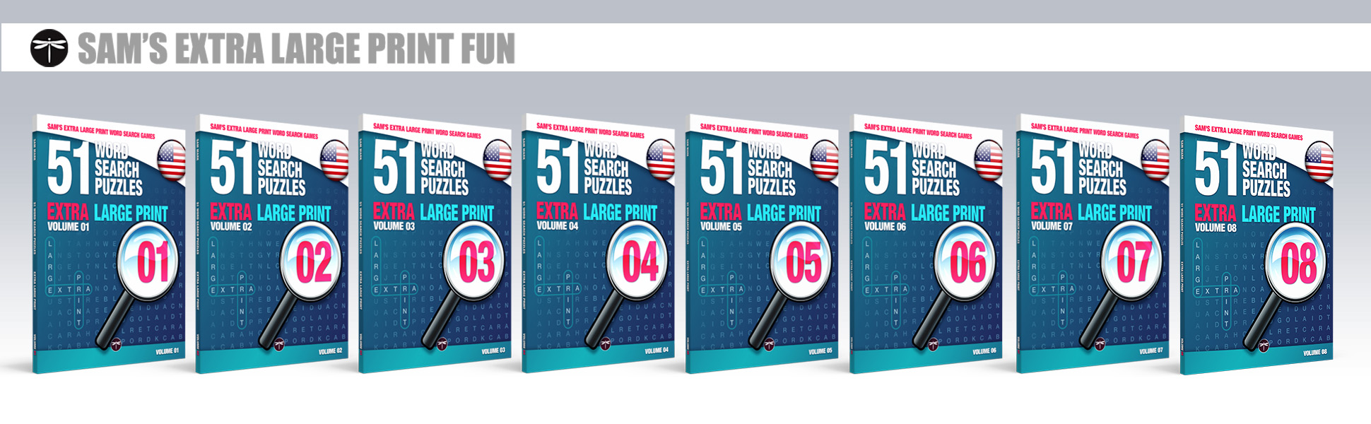 Sam's Extra Large Print Word Search Books, Volumes 1, 2, 3, 4, 5, 6, 7, and 8 standing in a row