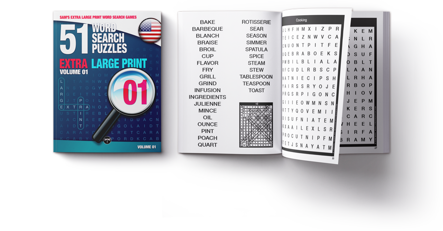 Sam's Extra-Large Print Word Search Games, Volume 01, front cover beside an open-book puzzle spread preview.
