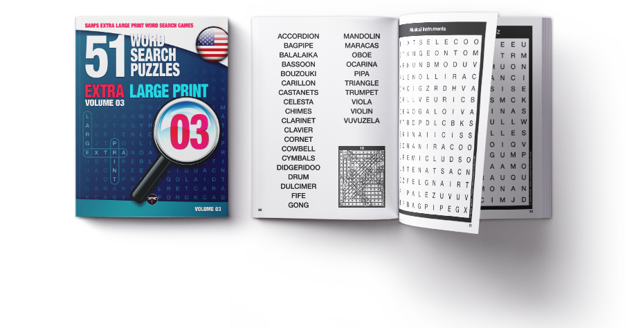 Sam's Extra-Large Print Word Search Games, Volume 03, front cover beside an open-book puzzle spread preview.