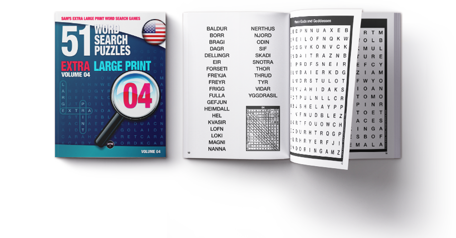 Sam's Extra-Large Print Word Search Games, Volume 04, front cover beside an open-book puzzle spread preview.