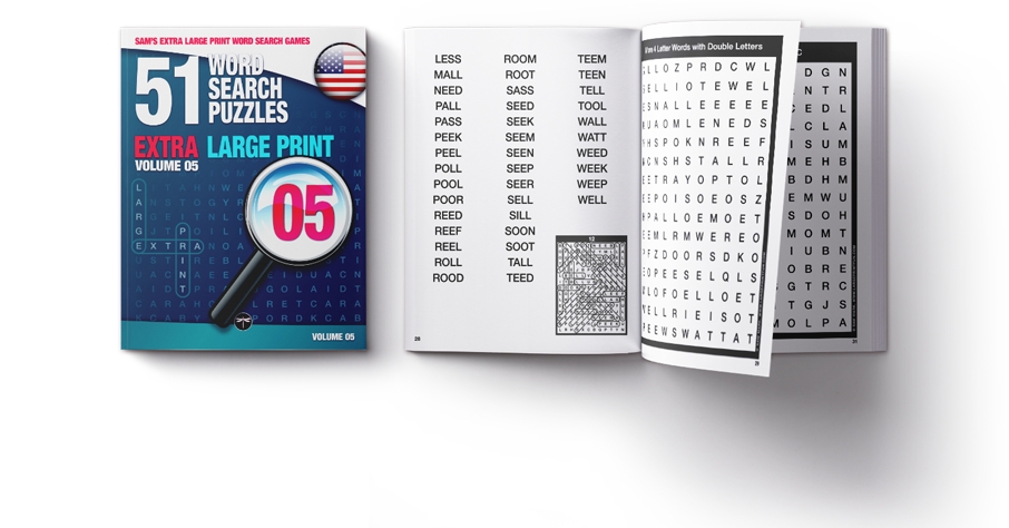 Sam's Extra-Large Print Word Search Games, Volume 05, front cover beside an open-book puzzle spread preview.