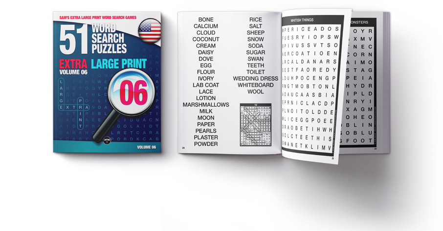Sam's Extra-Large Print Word Search Games, Volume 06, front cover beside an open-book puzzle spread preview.