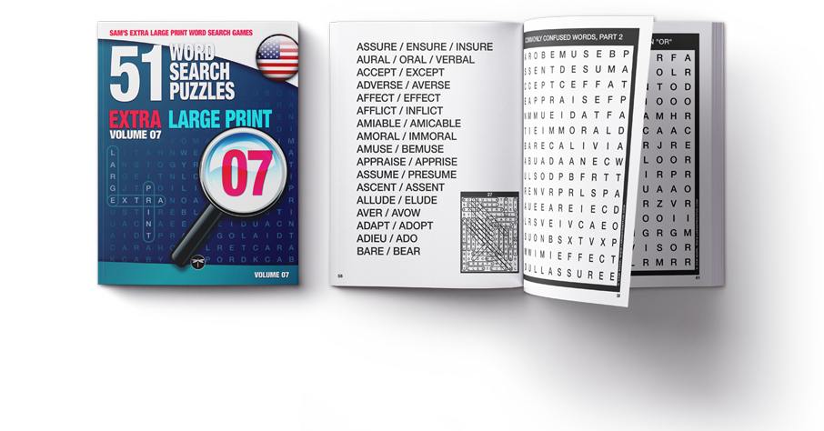 Sam's Extra-Large Print Word Search Games, Volume 07, front cover beside an open-book puzzle spread preview.