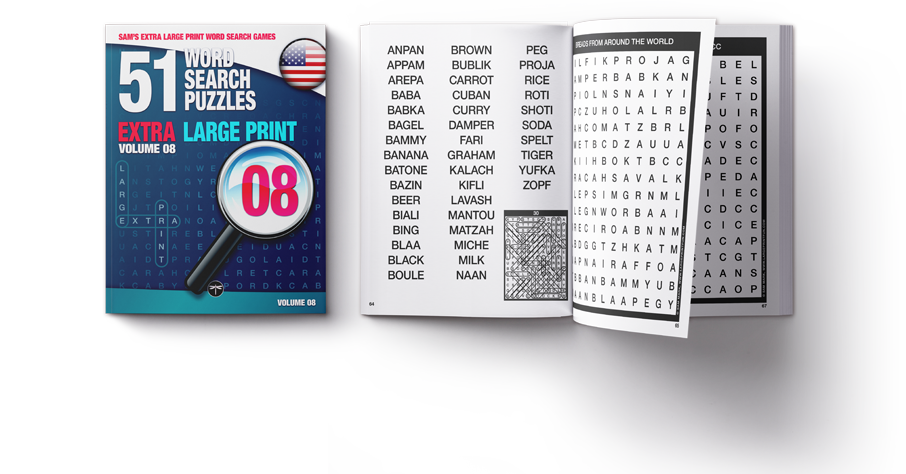 Sam's Extra-Large Print Word Search Games, Volume 08, front cover beside an open-book puzzle spread preview.