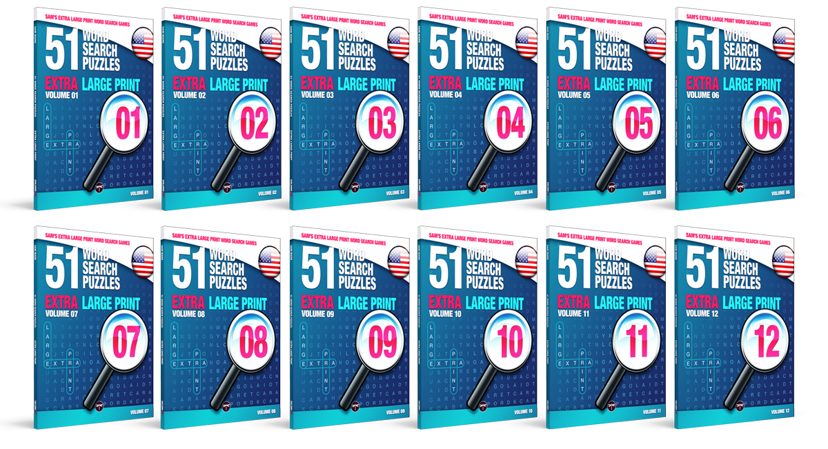 Sam's Extra-Large Print Word Search Games, Blue Collection, 12 volumes, standing paperback mockups showing the front covers and spines on light gray background.