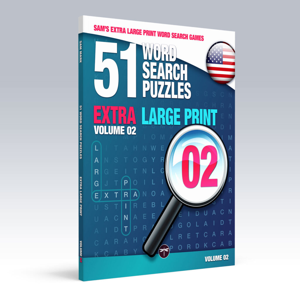 Sam's Extra-Large Print Word Search Games, Volume 02, standing paperback mockup showing the front cover and spine.