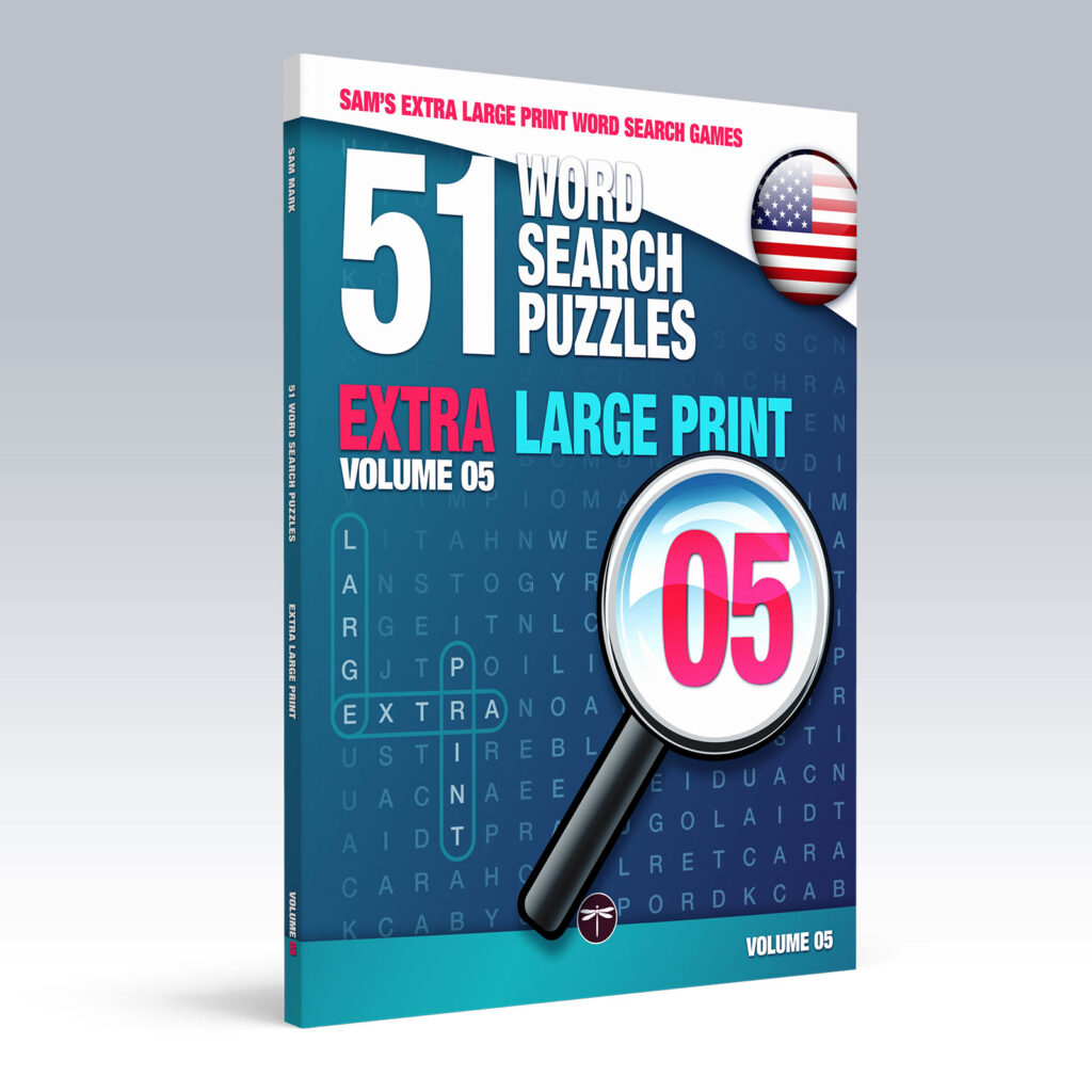 Sam's Extra-Large Print Word Search Games, Volume 05, standing paperback mockup showing the front cover and spine.