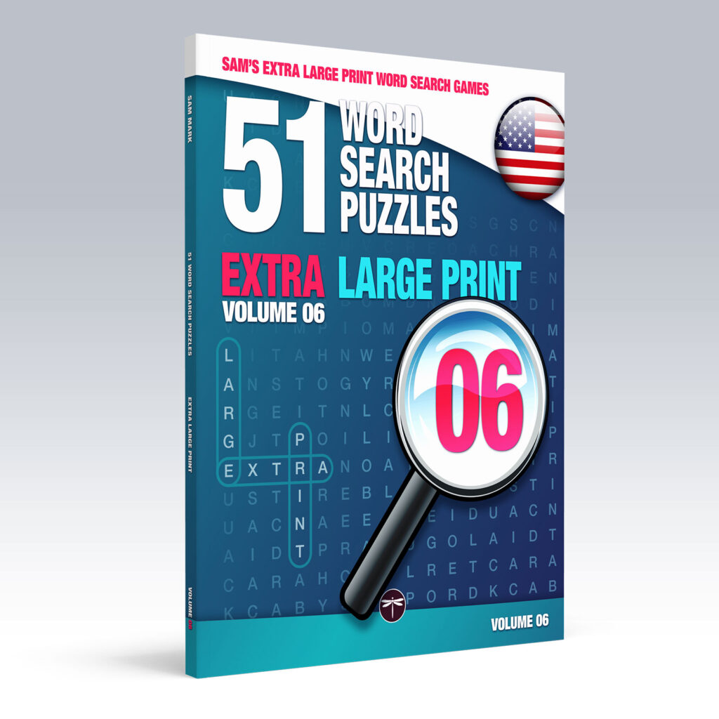 Sam's Extra-Large Print Word Search Games, Volume 06, standing paperback mockup showing the front cover and spine.