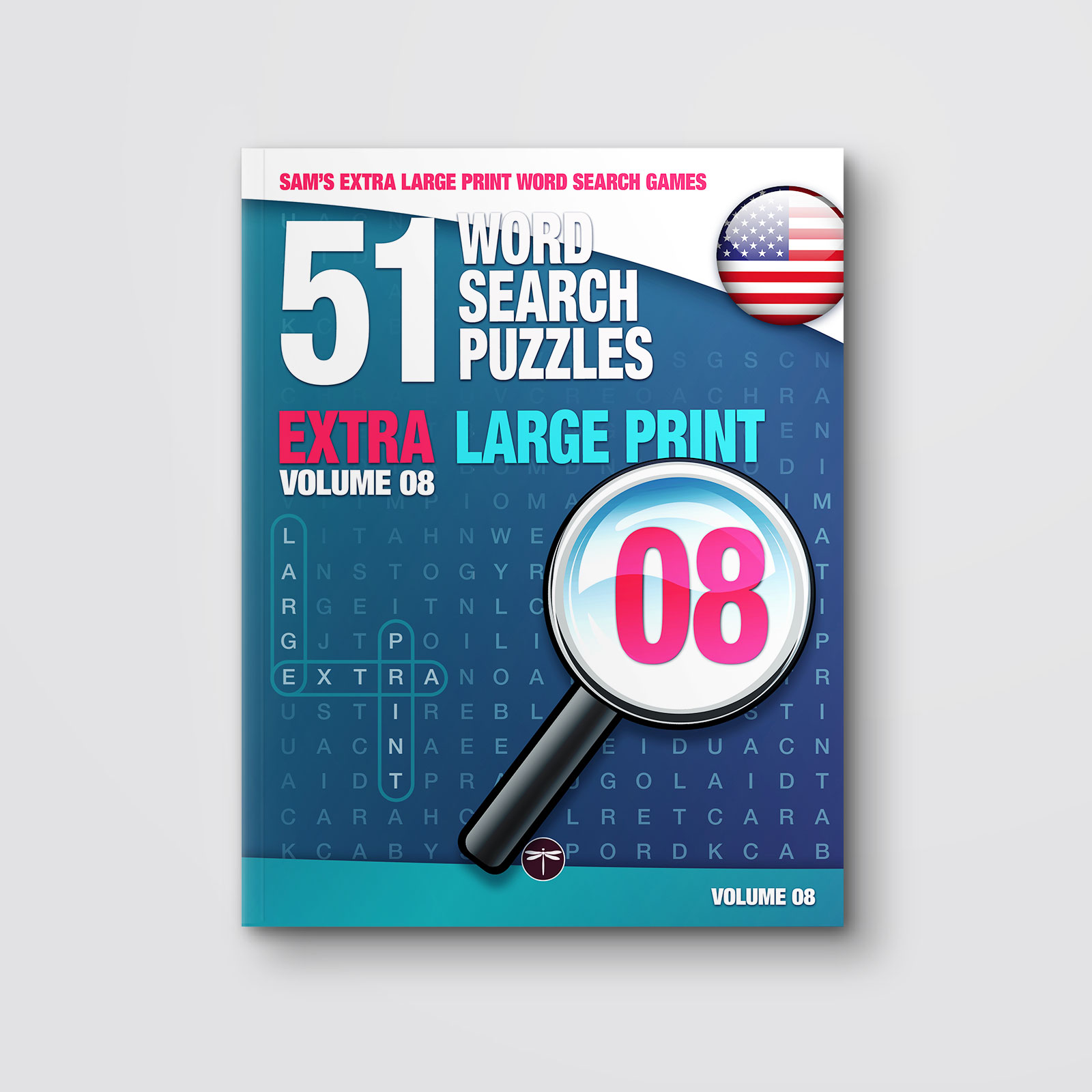 Sam's Extra-Large Print Word Search Games, Volume 08, front cover mockup on a gray background.
